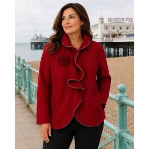 Nikki Valenti Wool Jacket Womens Extra Large Red Ruffled Snaps Zippered Trim